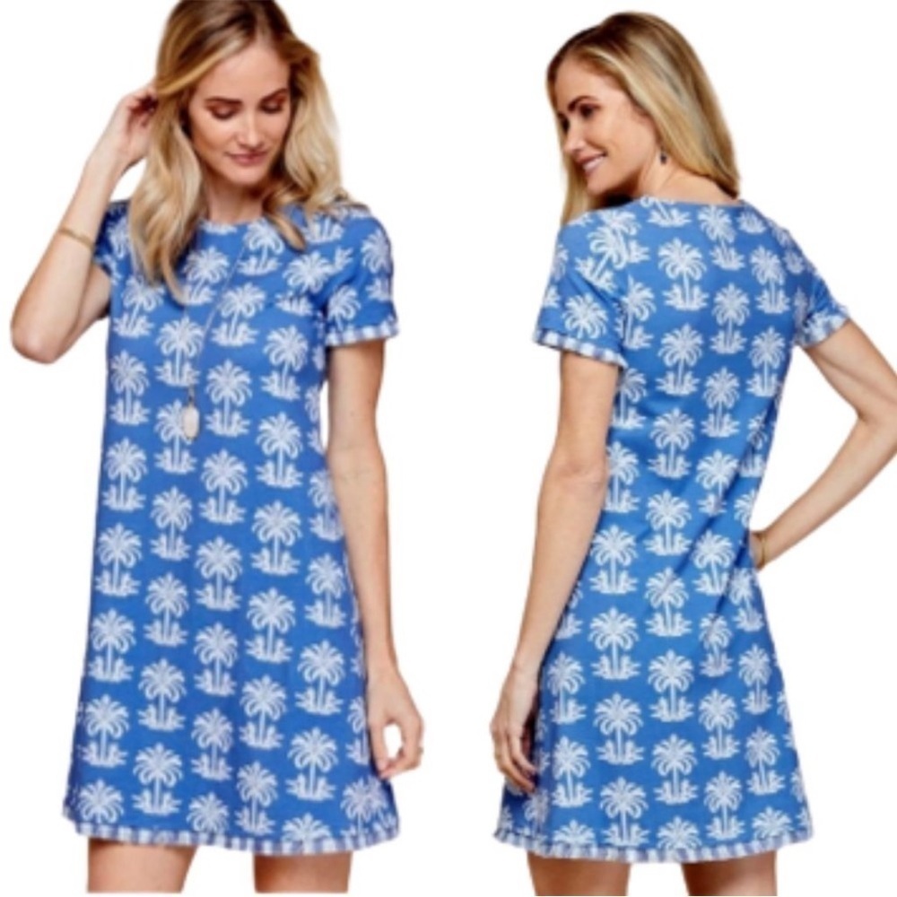 Spartina 449 Island Blue Oyster Alley Palm Tree Sheath Dress Fringe XS Beachy